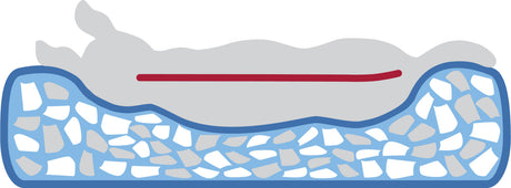 Abstrakte Grafik mit grauer Kurve oben, roter Linie darunter und blau-weißem Mosaikmuster am Boden.