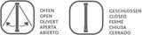 Zwei graue Symbole zeigen einen geöffneten und einen geschlossenen Zustand, umgeben von Texten in mehreren Sprachen.