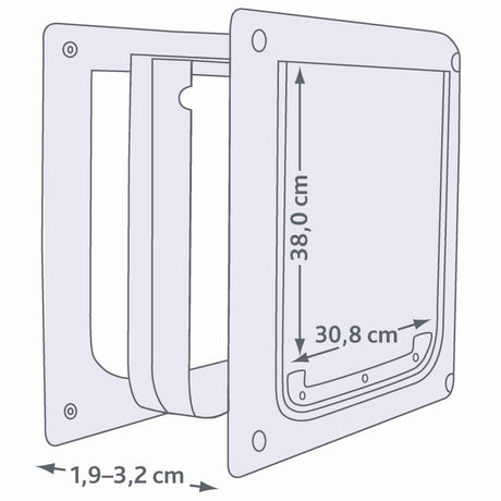 Illustration einer rechteckigen Klappe mit Maßen 38,0 cm Höhe, 30,8 cm Breite und 1,9–3,2 cm Tiefe.