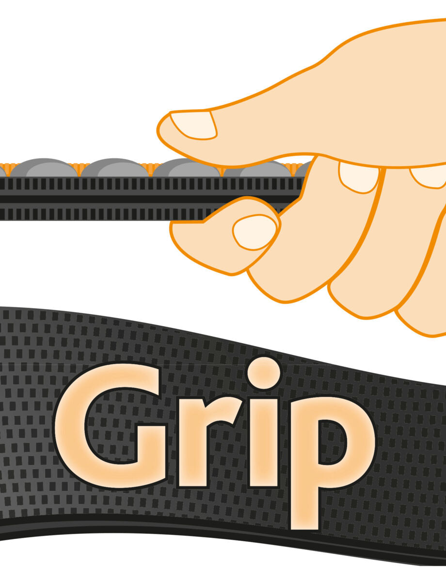 Eine Hand hält ein Objekt mit strukturierter Oberfläche; der Text "Grip" ist in großen, orangefarbenen Buchstaben sichtbar.