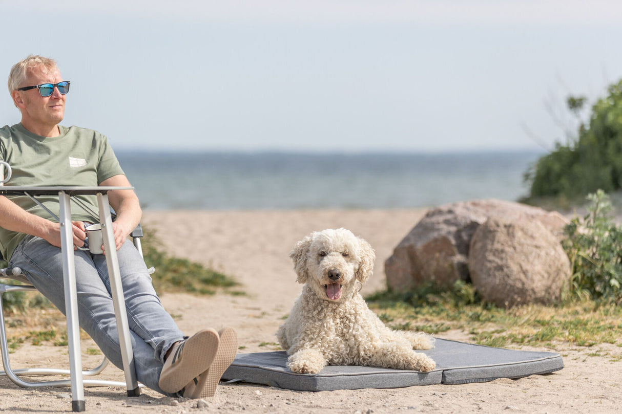 Ein Mann sitzt auf einem Stuhl am Strand, daneben ein liegender Hund auf einer Matte.