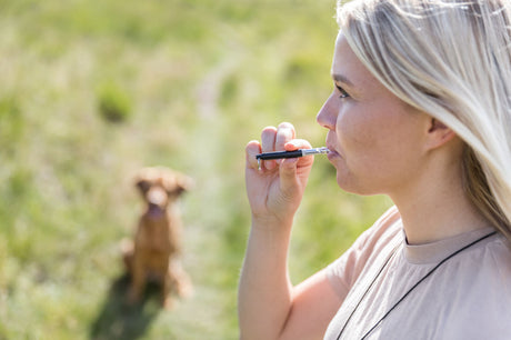 Eine Frau steht im Freien und bläst in eine Hundepfeife, im Hintergrund sitzt ein Hund.