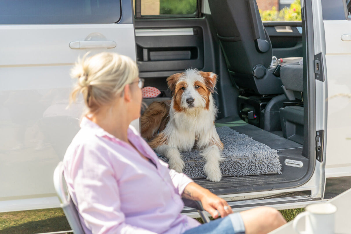 Hund liegt auf grauem Teppich im geöffneten Kofferraum eines Autos neben einer sitzenden Frau.