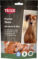 Verpackung von Hundesnacks mit Huhn und Reis, Markenname "Trixie", Bild eines Hundes, Text in vier Sprachen.