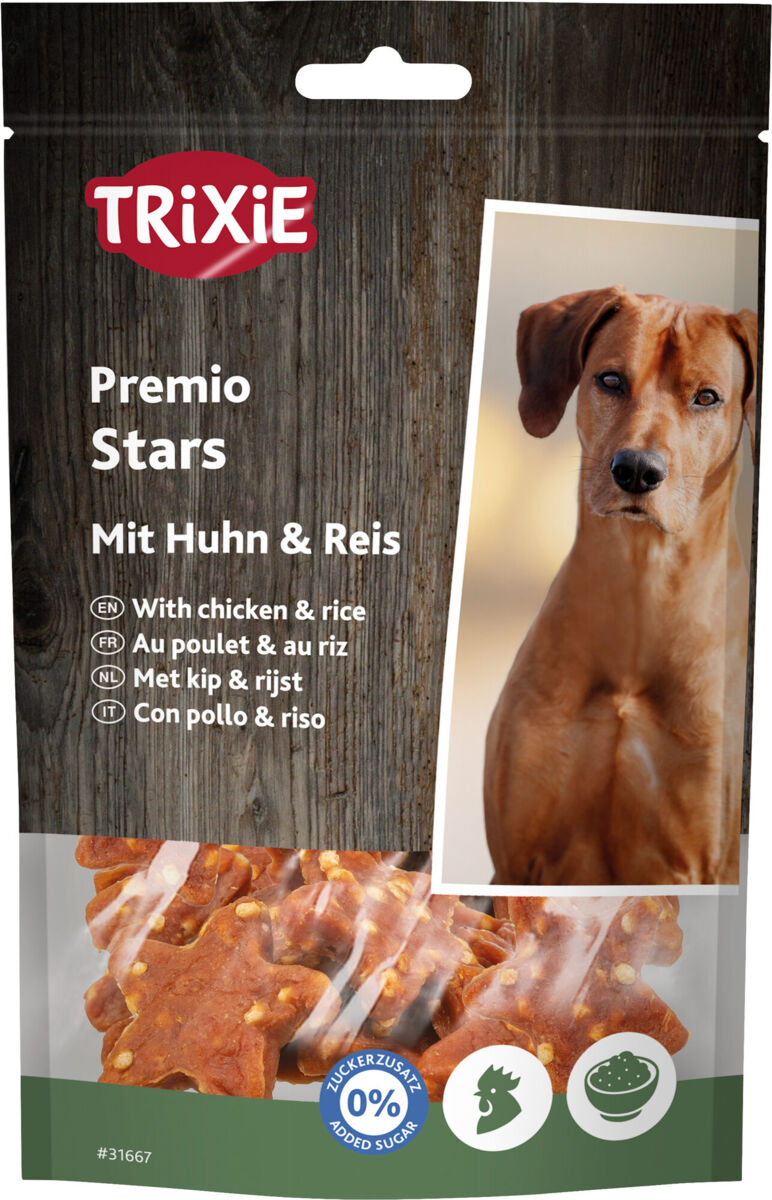 Verpackung von Hundesnacks mit Huhn und Reis, Markenname "Trixie", Bild eines Hundes, Text in vier Sprachen.