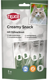Packung mit TRIXIE Creamy Snack für Katzen mit Hühnerbrust, Bild einer Katze, ohne Zuckerzusatz, glutenfrei.