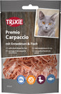 Verpackung von Trixie Premio Carpaccio mit Entenbrust und Fisch für Katzen, zeigt Katze, ohne Zuckerzusatz, glutenfrei.