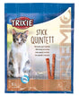 Verpackung mit einer Katze und der Aufschrift "Stick Quintett" in verschiedenen Sprachen, 0% Zuckerzusatz.