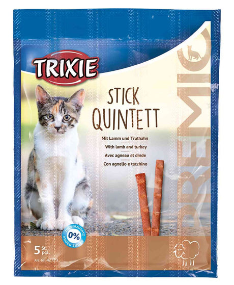 Verpackung mit einer Katze und der Aufschrift "Stick Quintett" in verschiedenen Sprachen, 0% Zuckerzusatz.