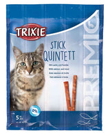 Verpackung mit Katzenbild und Aufschrift "Stick Quintett" in mehreren Sprachen, fünf Stück, 0% Zuckerzusatz.