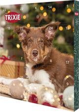 Brauner Hund vor einem Weihnachtsbaum auf einem Adventskalender mit dem Schriftzug "Trixie" und nummerierten Türchen.