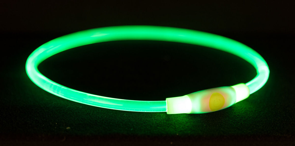 Grüner leuchtender Ring auf dunklem Hintergrund, mit einem weißen Verschluss und einem kleinen Symbol darauf.