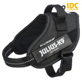Schwarzes Hundegeschirr mit reflektierenden Streifen und sichtbarem Aufdruck "Julius-K9 IDC Power".