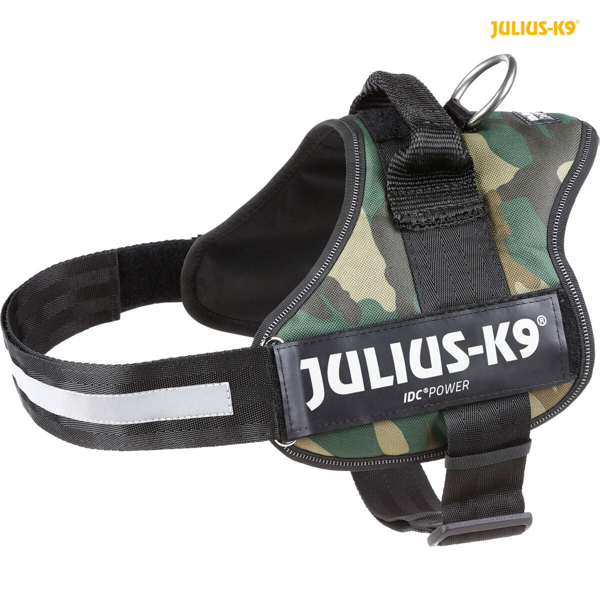 Hundegeschirr in Camouflage-Design mit seitlichem Klettverschluss und reflektierendem Streifen, Aufschrift "Julius-K9".