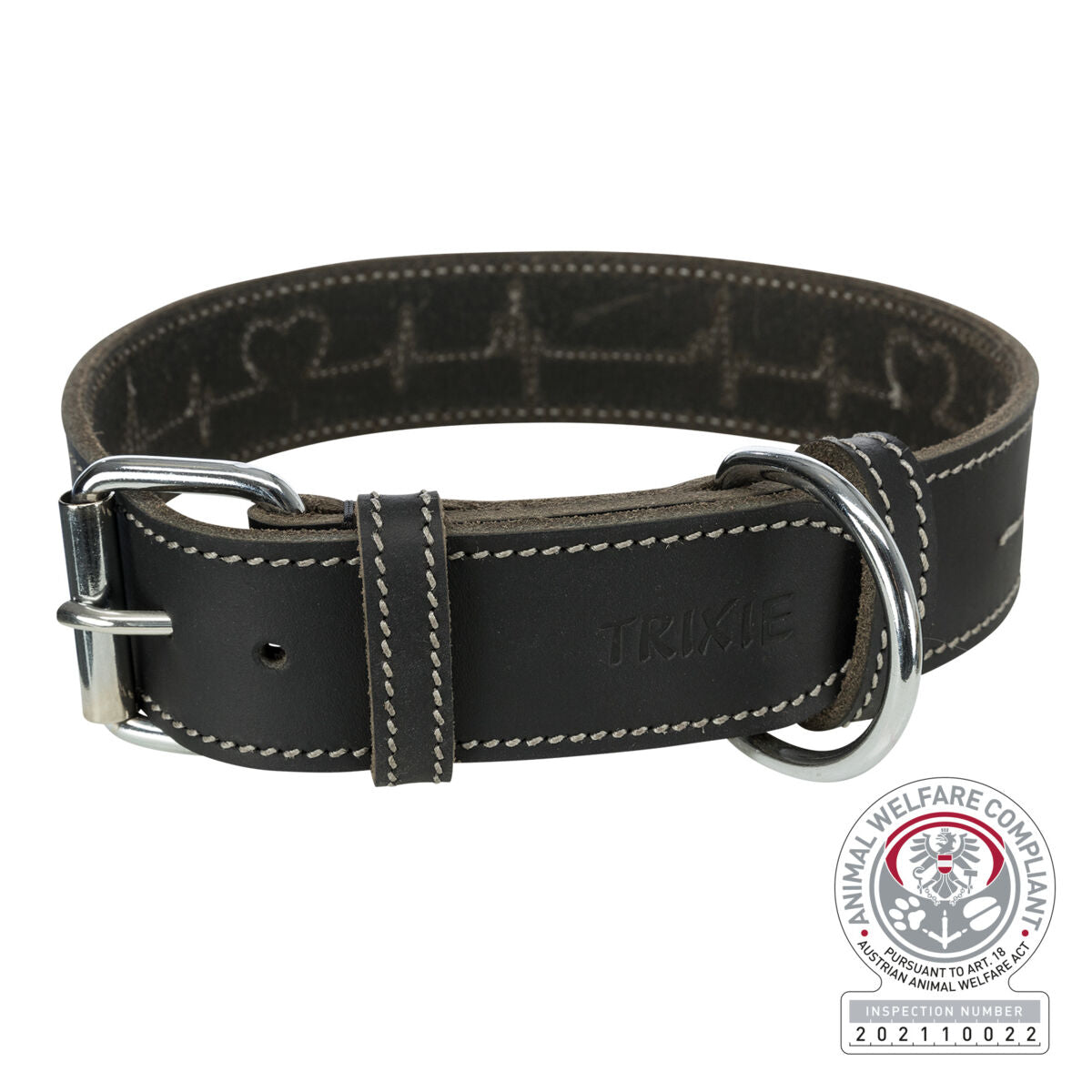 Schwarzes Hundehalsband mit silberner Schnalle und Stickmustern, eingraviertem Schriftzug "TRIXIE", Tierschutz-Zertifikatsstempel.