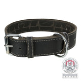 Schwarzes Hundehalsband mit silberner Schnalle und Stickmustern, eingraviertem Schriftzug "TRIXIE", Tierschutz-Zertifikatsstempel.