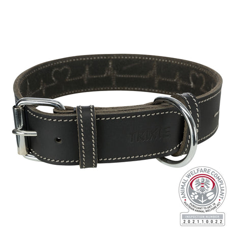 Schwarzes Hundehalsband mit silberner Schnalle und Stickmustern, eingraviertem Schriftzug "TRIXIE", Tierschutz-Zertifikatsstempel.