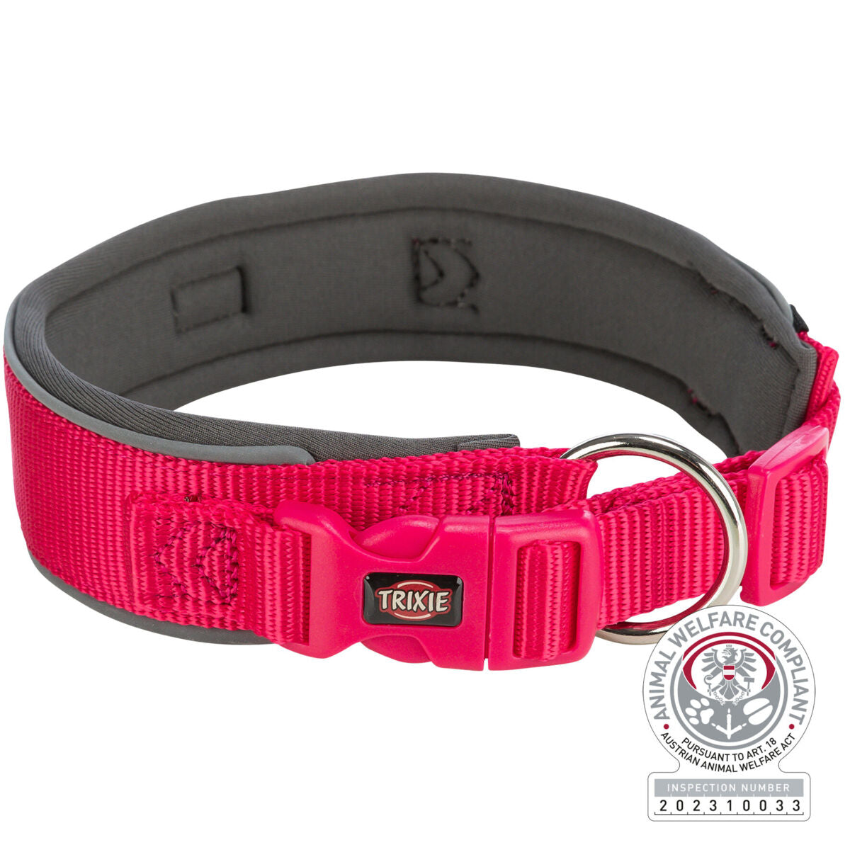 Rotes Hundehalsband mit Schnalle und Metallschlaufe, Markenname "Trixie", Tierschutz-Zertifikat sichtbar.