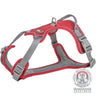 Rotes und graues Hundegeschirr mit Klickverschlüssen, gepolstertem Innenfutter und Metallschlaufe.