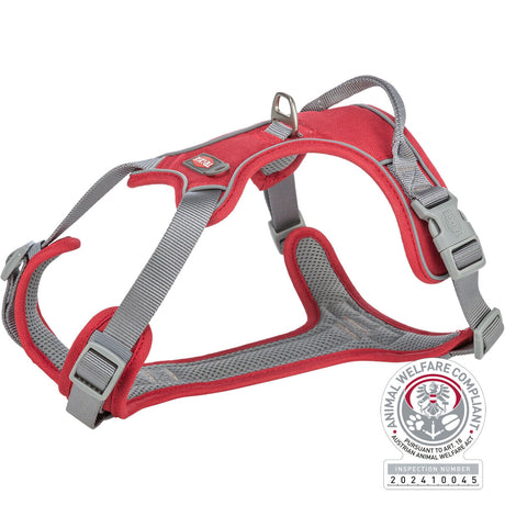 Rotes und graues Hundegeschirr mit Klickverschlüssen, gepolstertem Innenfutter und Metallschlaufe.
