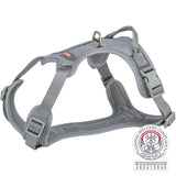 Graues Hundegeschirr mit einstellbaren Riemen aus Nylon, seitlicher Klickverschluss, metallener D-Ring oben.