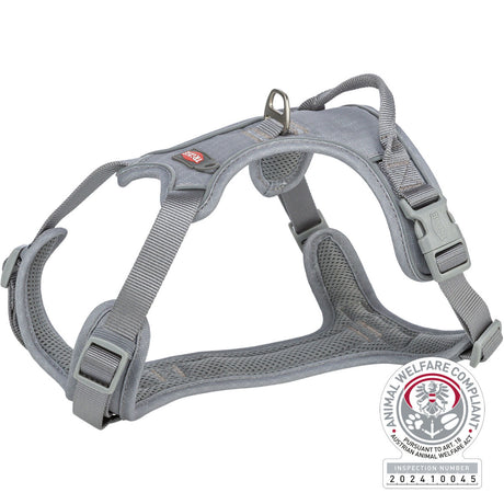 Graues Hundegeschirr mit einstellbaren Riemen aus Nylon, seitlicher Klickverschluss, metallener D-Ring oben.