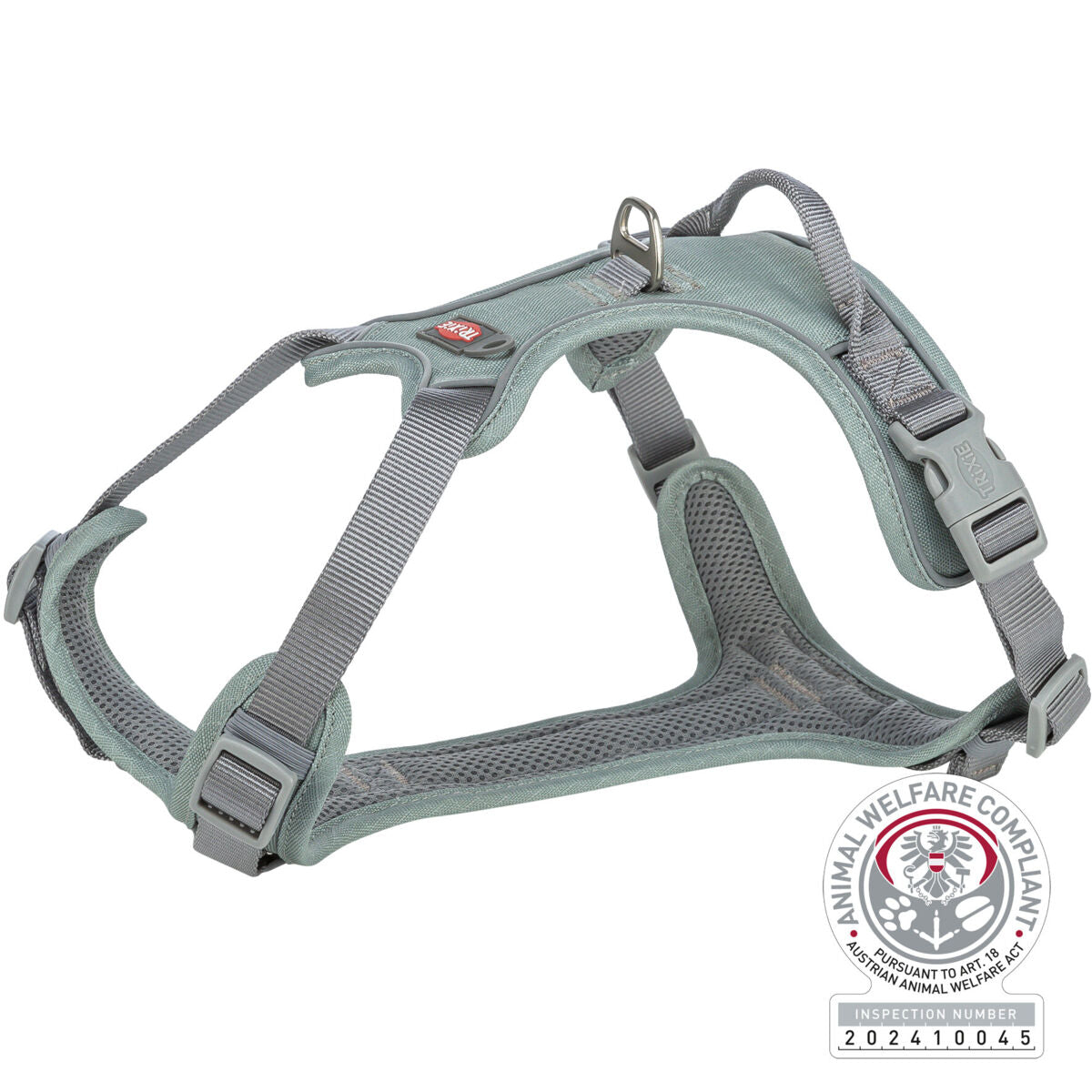 Grau-grünes Geschirr mit silbernem D-Ring und Schnallen, mit "ANIMAL WELFARE COMPLIANT"-Logo und Prüfnummer.