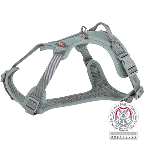 Grau-grünes Geschirr mit silbernem D-Ring und Schnallen, mit "ANIMAL WELFARE COMPLIANT"-Logo und Prüfnummer.