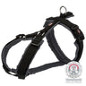 Schwarzes und graues Hundegeschirr mit Schnallen und D-Ring, daneben ein Animal-Welfare-Logo.