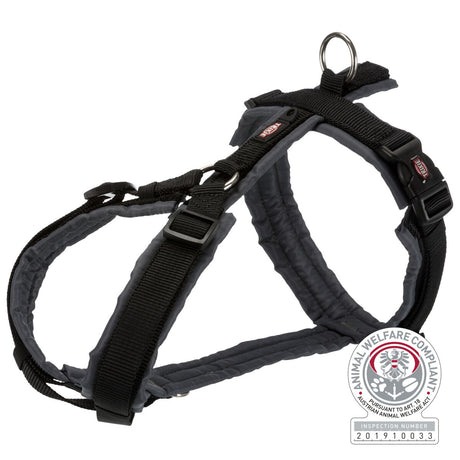 Schwarzes und graues Hundegeschirr mit Schnallen und D-Ring, daneben ein Animal-Welfare-Logo.