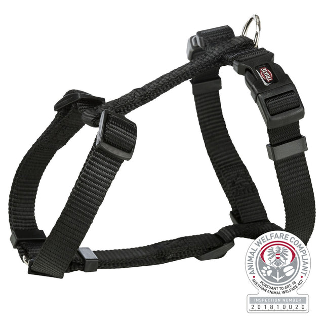 Schwarzes Hundegeschirr mit einstellbaren Riemen und Schnallen, daneben ein Siegel mit "Animal Welfare Compliant".