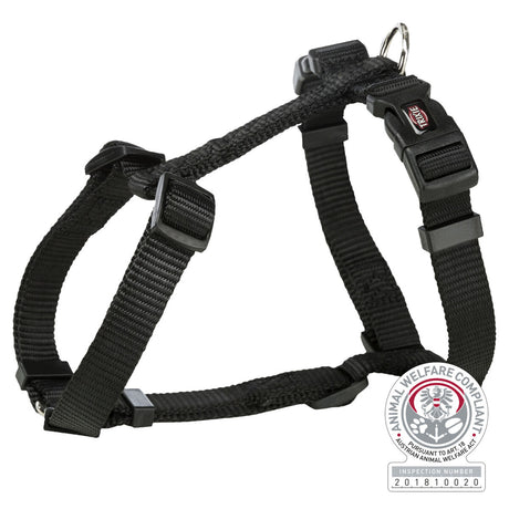 Schwarzes Hundegeschirr mit einstellbaren Riemen und Schnallen, daneben ein Siegel mit "Animal Welfare Compliant".