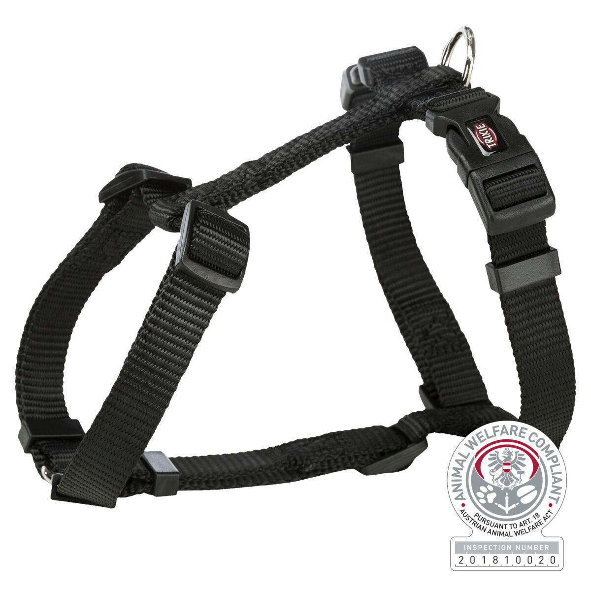 Schwarzes Hundegeschirr mit einstellbaren Riemen und Schnallen, daneben ein Siegel mit "Animal Welfare Compliant".