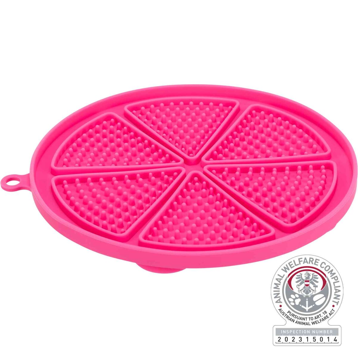 Runde pinke Matte mit sechs dreieckigen Feldern, Noppen und einem kleinen Haken an der Seite.