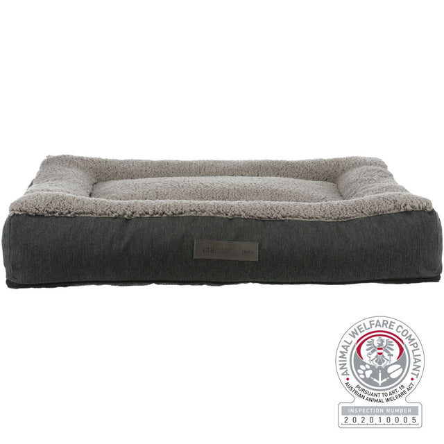 Rechteckiges graues Hunde- oder Katzenbett mit weichem, hellem Rand und animal welfare Siegel.