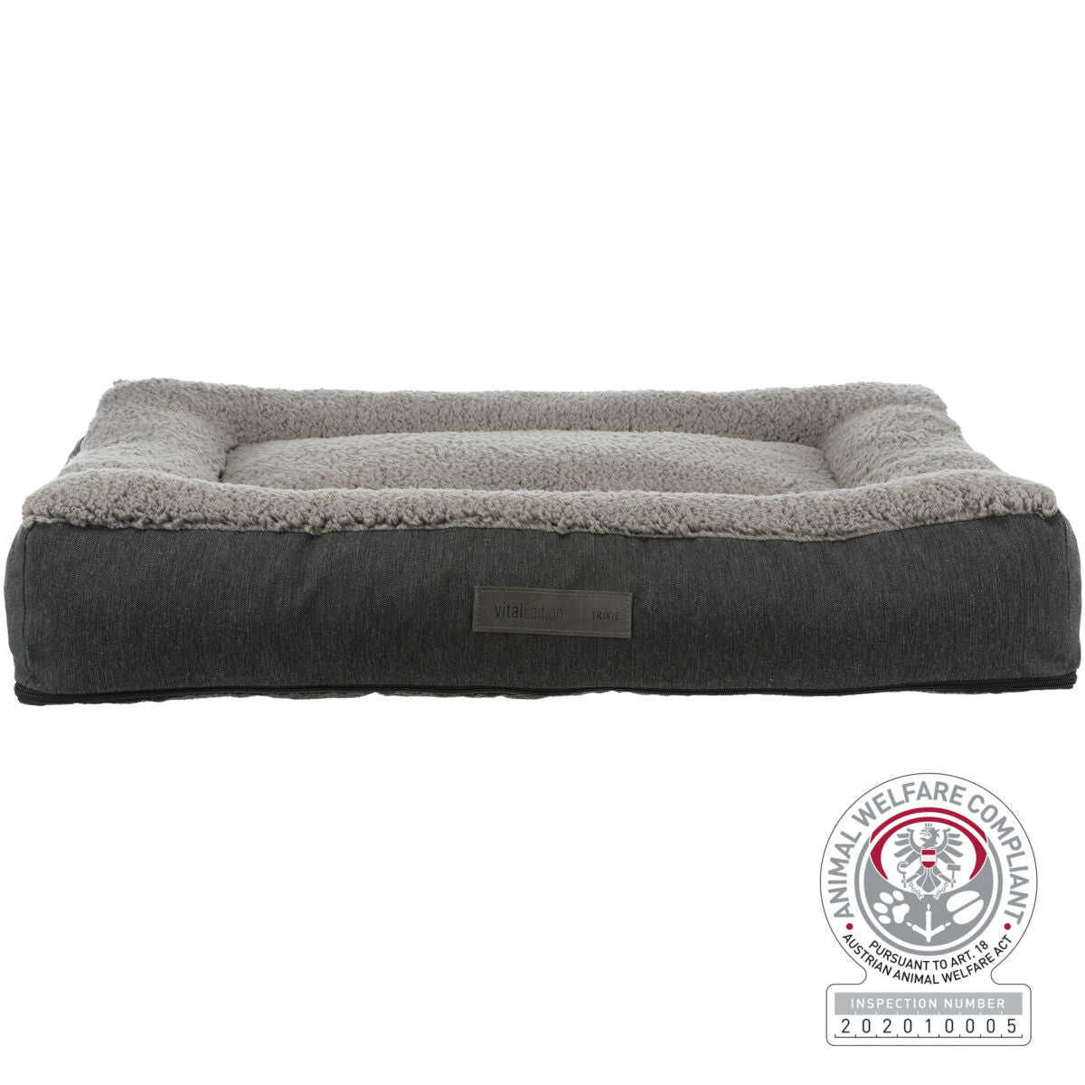 Rechteckiges graues Hunde- oder Katzenbett mit weichem, hellem Rand und animal welfare Siegel.