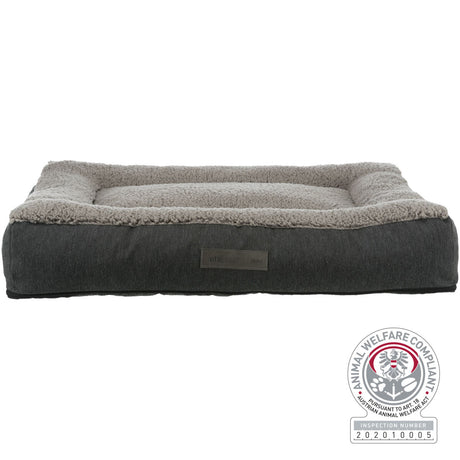 Rechteckiges graues Hunde- oder Katzenbett mit weichem, hellem Rand und animal welfare Siegel.