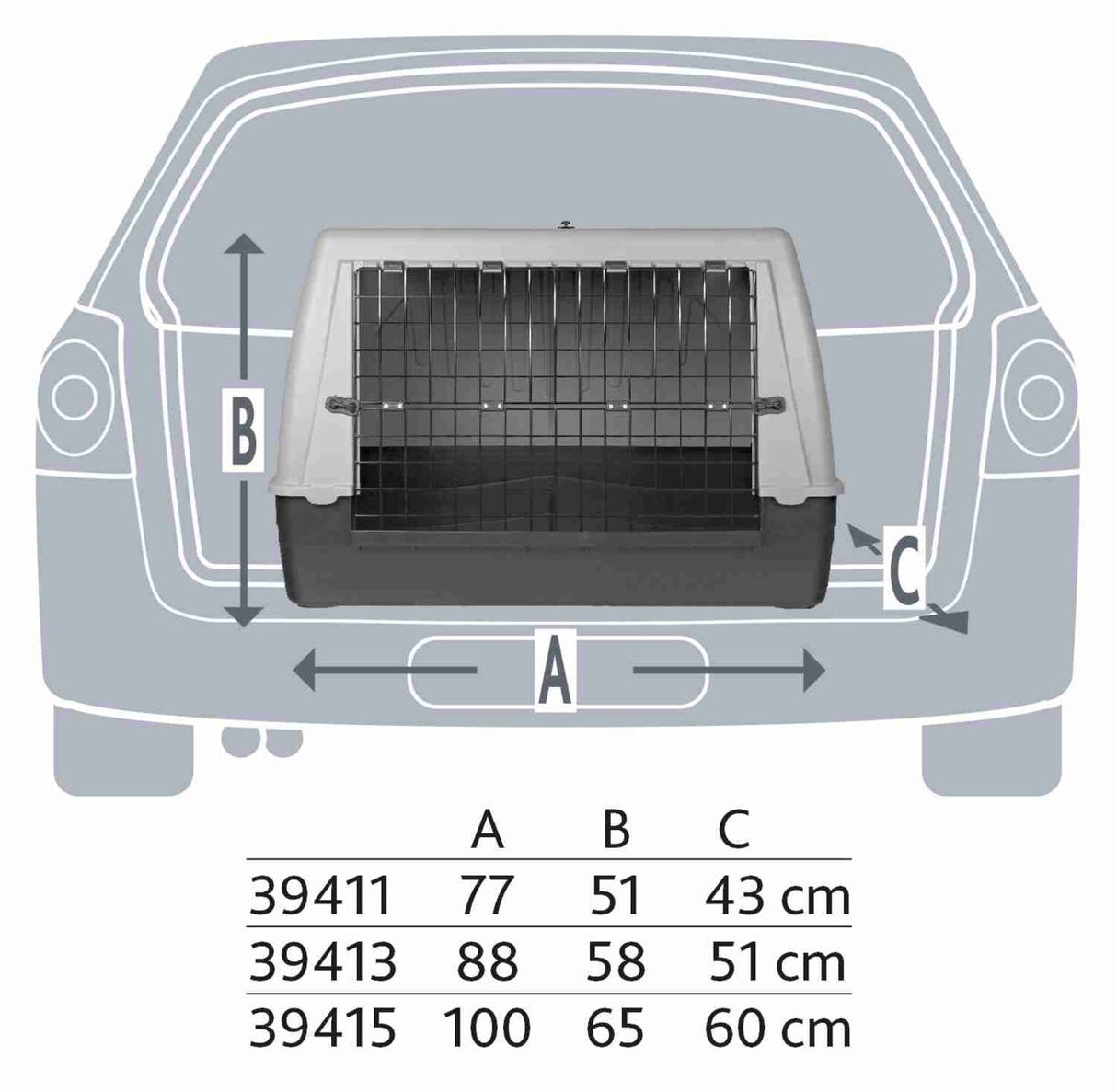 Transportbox für Tiere mit Gittertür vor Auto-Silhouette, Maße A: 77-100 cm, B: 51-65 cm, C: 43-60 cm.
