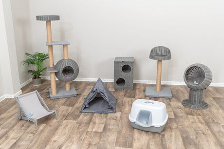 Mehrere graue Katzenmöbel und eine Katzentoilette auf einem Holzboden vor einer weißen Wand.