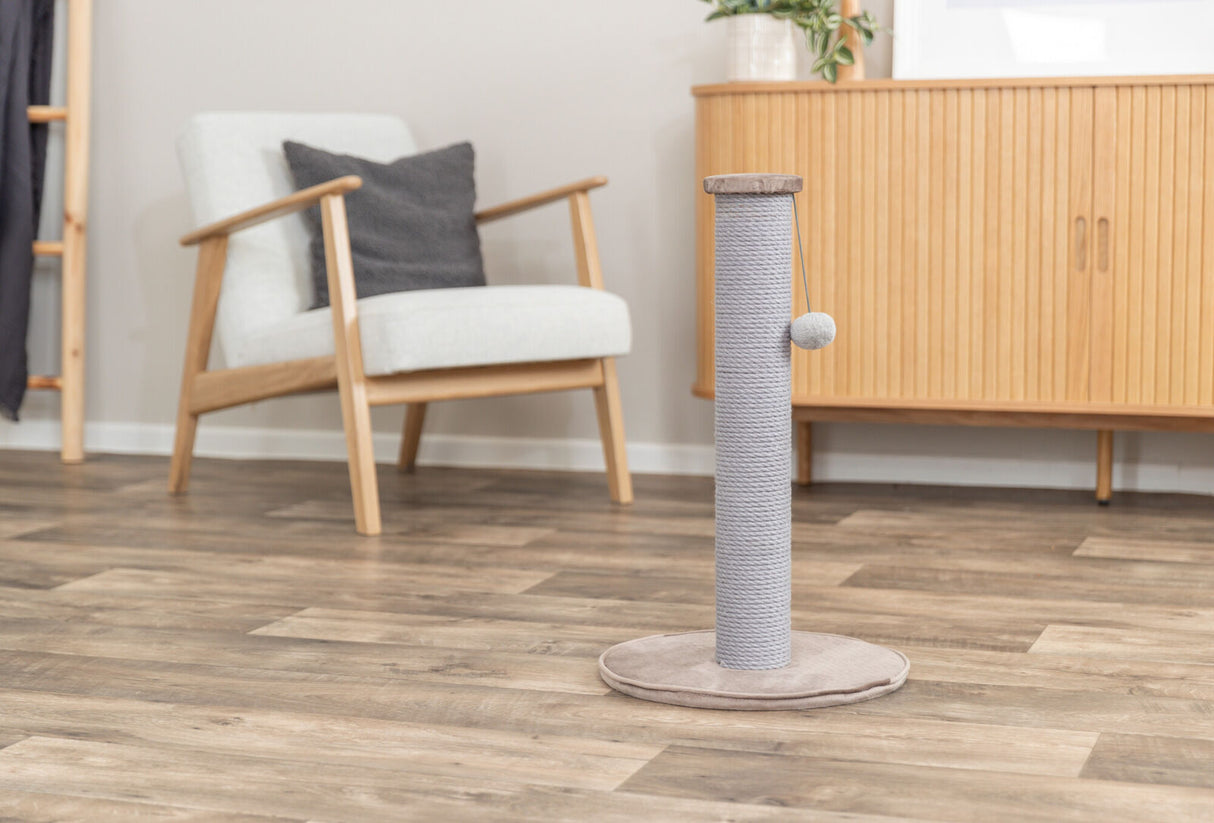 Kratzbaum mit grauem Seil und Spielball auf rundem Sockel, im Hintergrund Sessel und Holzmöbel auf Holzboden.