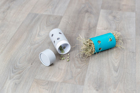 Zwei röhrenförmige Spielzeuge mit Löchern auf Holzfußboden, eines weiß mit Erbsen, das andere türkis mit Stroh.