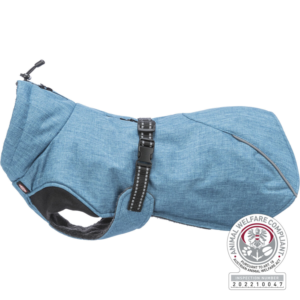 Blauer Hundemantel mit schwarzem Verschluss und reflektierendem Streifen, etikettiert als "Animal Welfare Compliant".