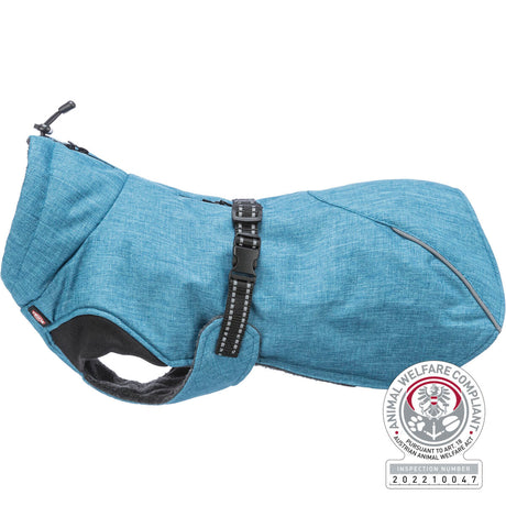 Blauer Hundemantel mit schwarzem Verschluss und reflektierendem Streifen, etikettiert als "Animal Welfare Compliant".