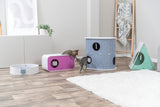 Zwei gestreifte Katzen spielen neben einem blauen und einem rosa Katzenspielhaus im Wohnzimmer.