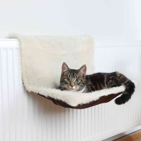 Katze liegt in einem weißen, flauschigen Hängemattenbett, das an einem Heizkörper hängt, auf einem Holzboden.