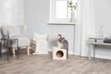 Graue Katze klettert auf beigem Kratzbaum in einem hellen Wohnzimmer mit Sessel, Tisch, Korb und Fenster.