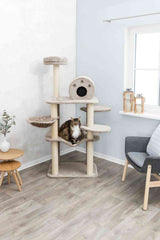 Ein Kratzbaum mit mehreren Ebenen und einer Höhle steht in einer Ecke, eine Katze sitzt darauf.
