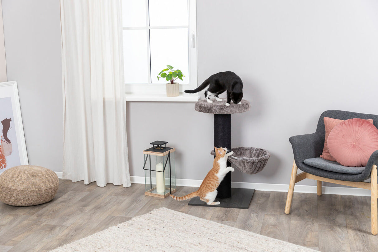 Zwei Katzen auf einem Kratzbaum in einem Wohnzimmer mit grauem Stuhl, Vorhang, Fenster und dekorativer Pflanze.