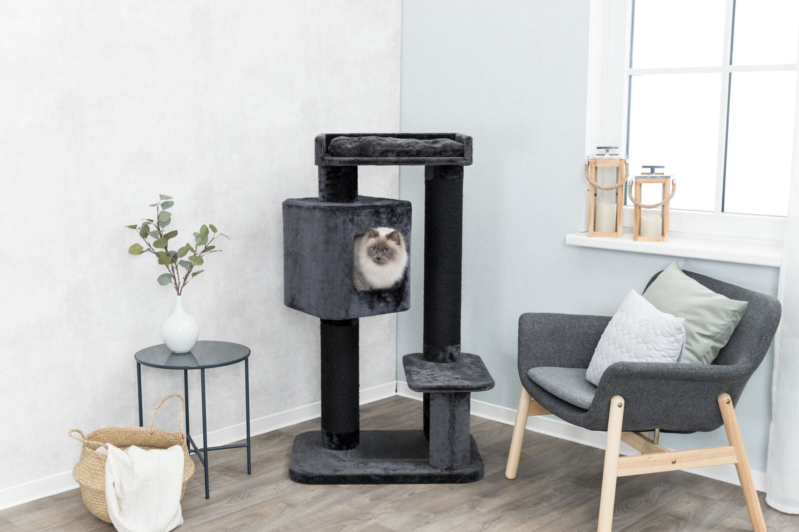 Katzenkratzbaum in Dunkelgrau mit Plattformen und Höhle, Katze schaut aus der Höhle, daneben Tisch mit Vase.