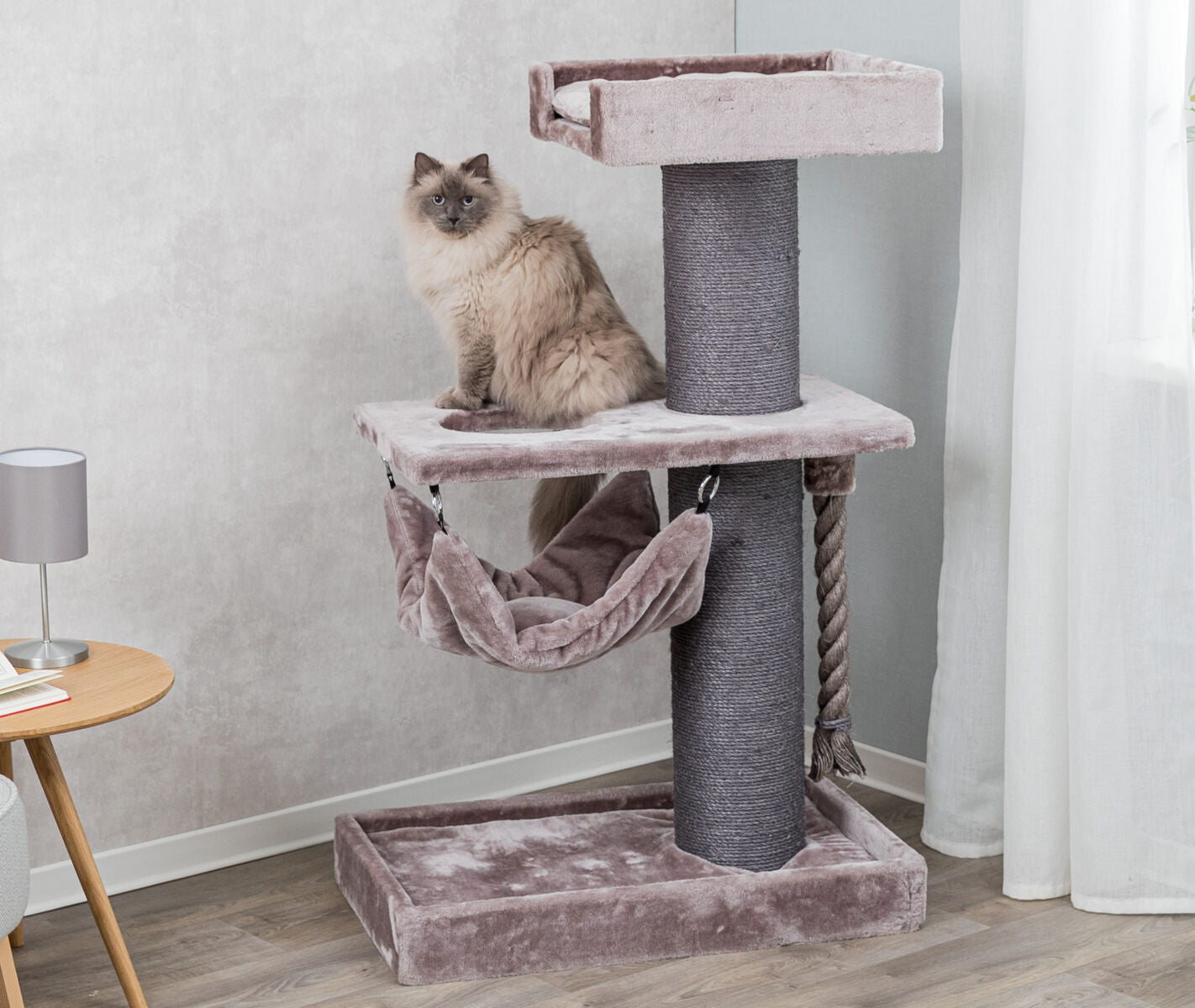 Ein Kratzbaum mit hellbraunem Plüsch, Sisalsäule und Hängematte, darauf sitzt eine flauschige Katze.
